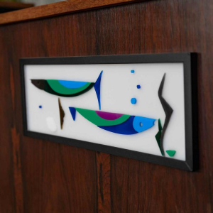 Vintage rosewood bar cabinet with backlit fish motif, Italy, ca 1970