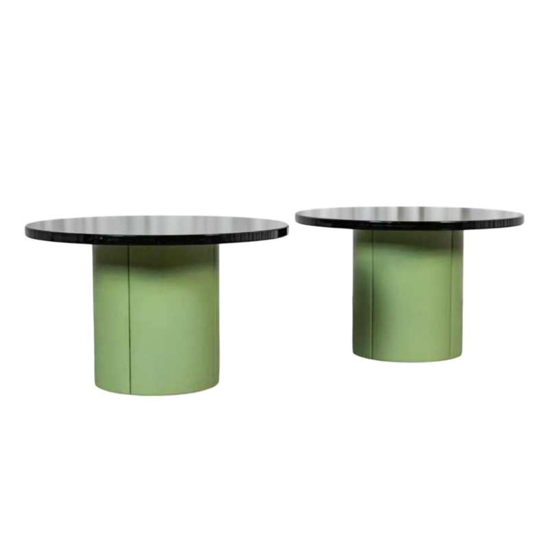 Set of 2 coffee tables, matcha green leather centre column, thick smoked plexiglass top