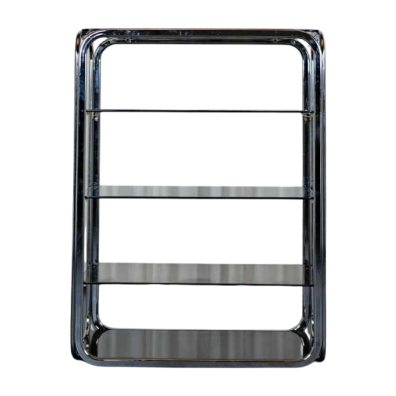 Etagère tubulaire en acier chromé, 5 plateaux de verre fumé, ca 1970