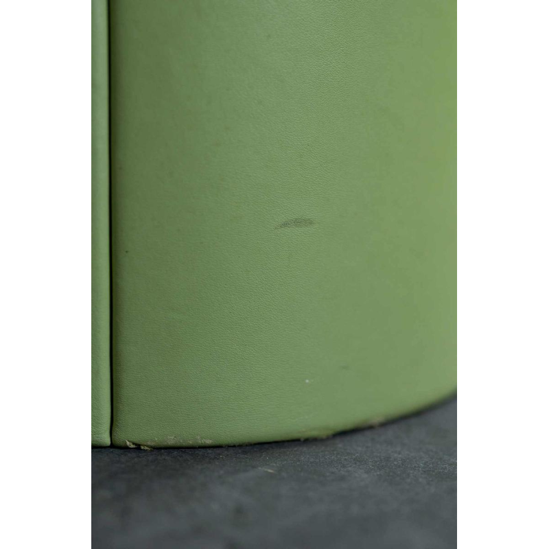 Set of 2 coffee tables, matcha green leather centre column, thick smoked plexiglass top