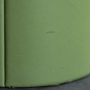 Set of 2 coffee tables, matcha green leather centre column, thick smoked plexiglass top