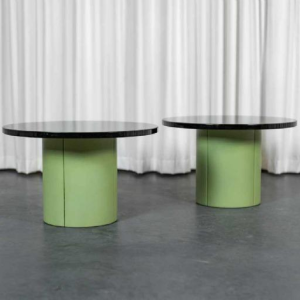 Set of 2 coffee tables, matcha green leather centre column, thick smoked plexiglass top