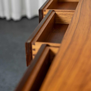 Mid Century desk, rosewood veneer, 3 drawers, Italy ca 1950