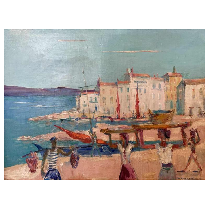 Paul DAXHELET (1905-1993) : « Marché sur le port (de Saint Tropez ?)»