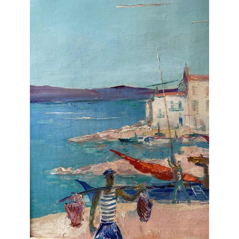 Paul DAXHELET (1905-1993) : « Marché sur le port (de Saint Tropez ?)»