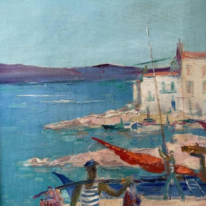 Paul DAXHELET (1905-1993) : « Marché sur le port (de Saint Tropez ?)»