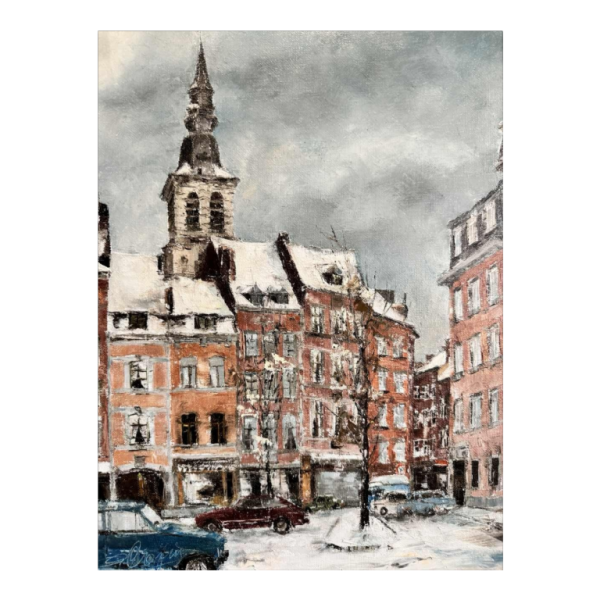 Alphonse CREPIN: « Namur - Place Maurice Servais sous la neige » rond 1970