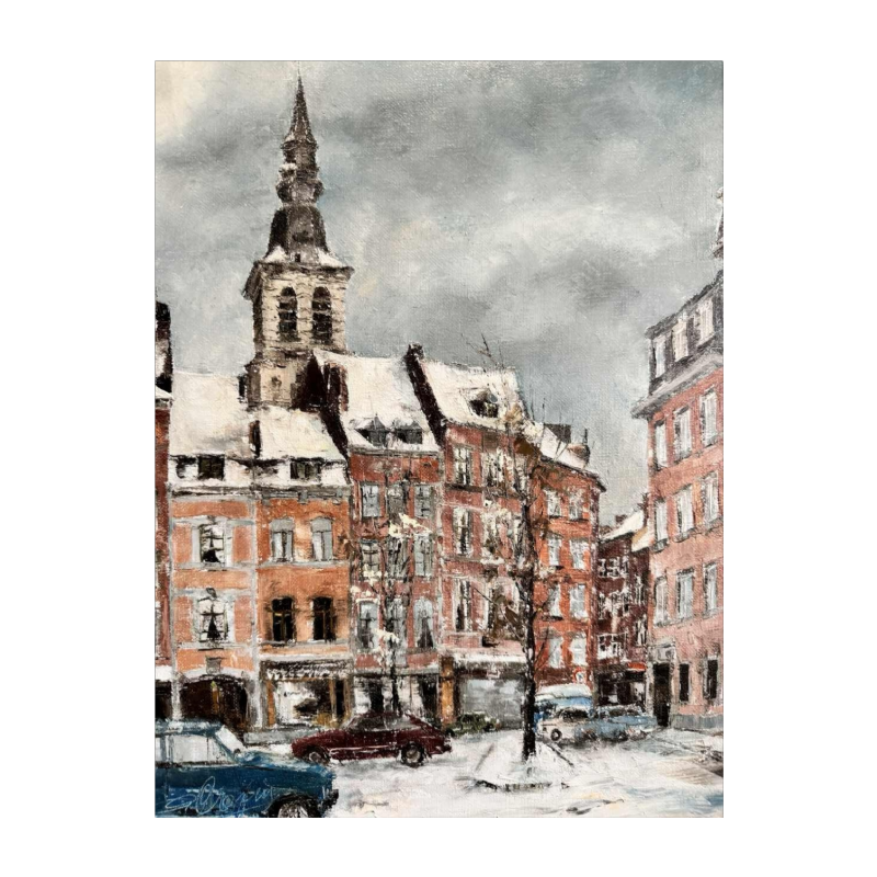 Alphonse CREPIN: « Namur - Place Maurice Servais sous la neige » rond 1970