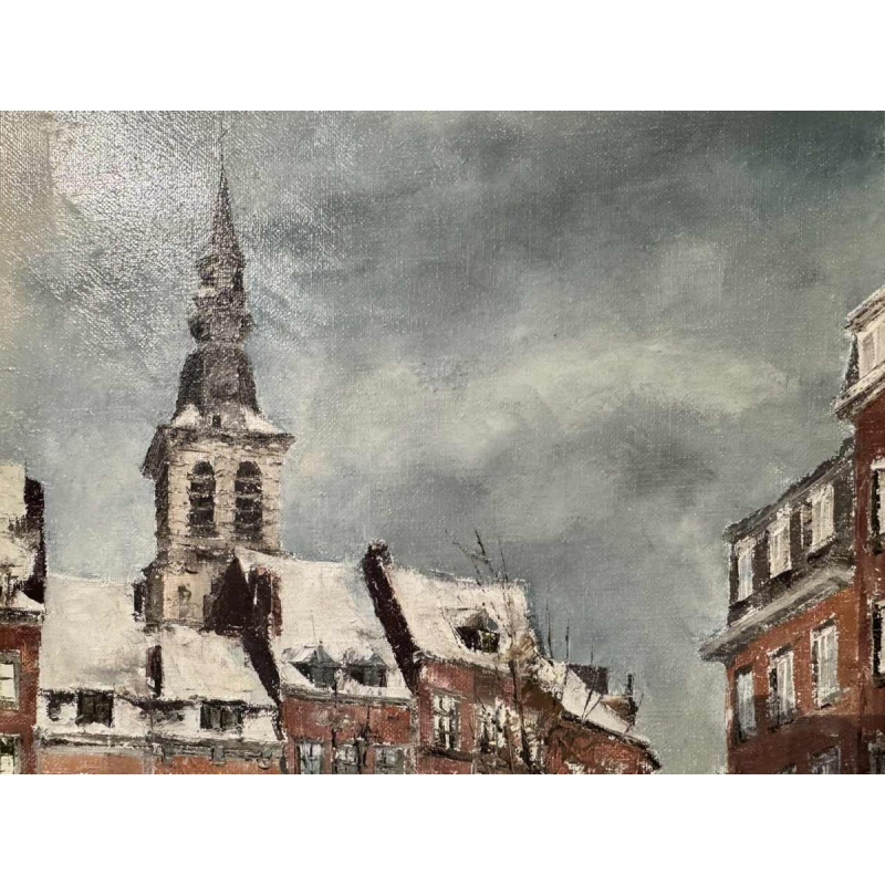 Alphonse CREPIN: « Namur - Place Maurice Servais sous la neige » vers 1970