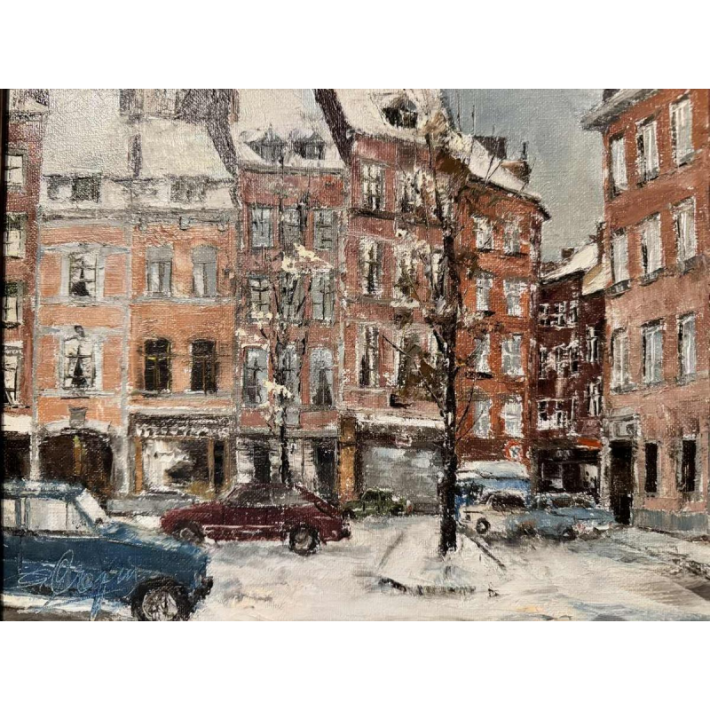 Alphonse CREPIN: « Namur - Place Maurice Servais sous la neige » rond 1970