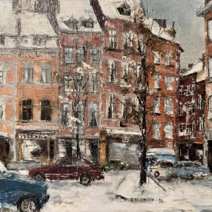 Alphonse CREPIN: « Namur - Place Maurice Servais sous la neige » rond 1970