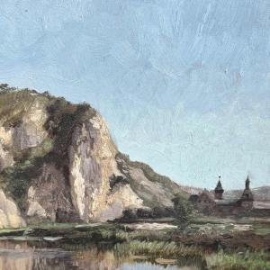 Henri BODART «Château en bord de cours deau - la Meuse ? » tableau huile sur toile