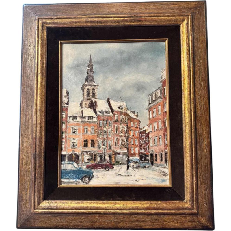 Alphonse CREPIN: « Namur - Place Maurice Servais sous la neige » rond 1970