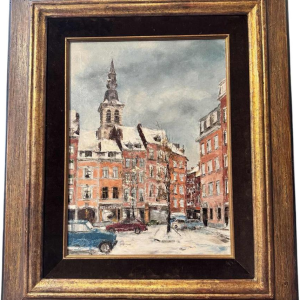 Alphonse CREPIN: « Namur - Place Maurice Servais sous la neige » rond 1970