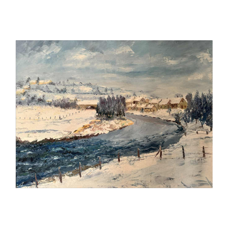 René ZIMMER "De Semois (rivier in Gaume) in de winter (sneeuw)" schilderij olieverf op doek