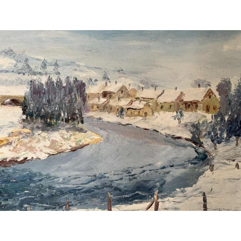 René ZIMMER "De Semois (rivier in Gaume) in de winter (sneeuw)" schilderij olieverf op doek