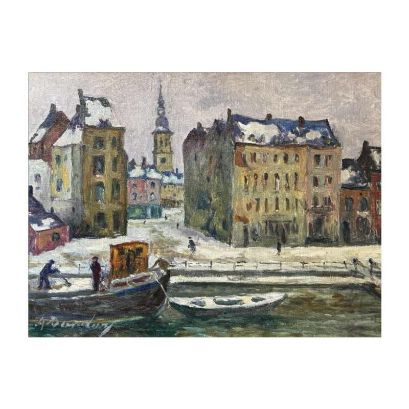 Albert DANDOY « Namur - hiver 1940 » peinture huile sur toile