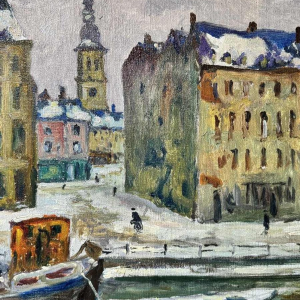 Albert DANDOY « Namur - hiver 1940 » peinture huile sur toile