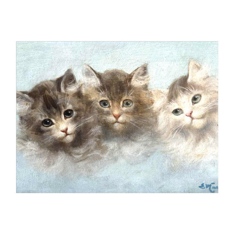 Émile Valentin CARDINAL : « Les 3 chatons » peinture huile sur bois