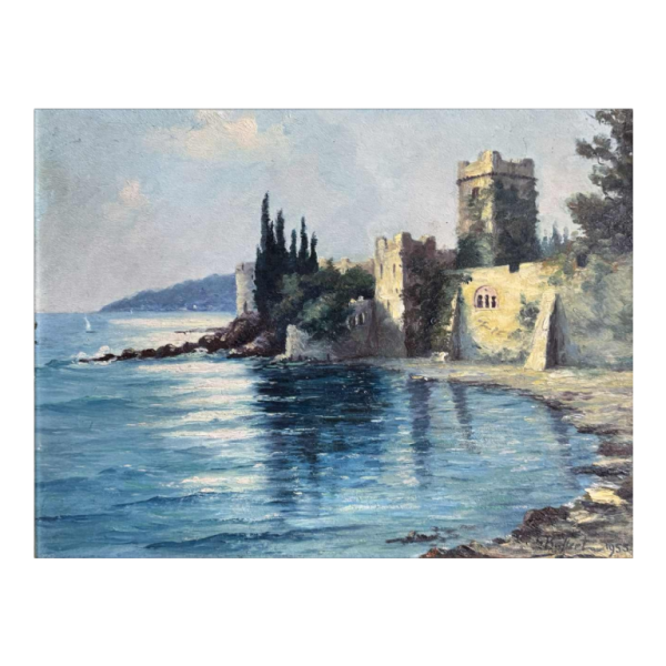 Georges BAFFERT "Mediterranean landscape 1955- Castel of Mandelieu la Napoule » oil on panel