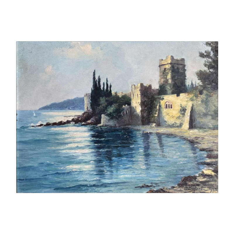 Georges BAFFERT "Mediterranean landscape 1955- Castel of Mandelieu la Napoule » oil on panel