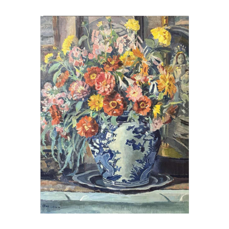 Mathilde du Monceau de Bergendael "Bouquet in a Chinese porcelain vase", oil on canvas