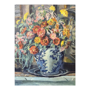 Mathilde du Monceau de Bergendael "Bouquet dans un vase en porcelaine de Chine", huile sur toile