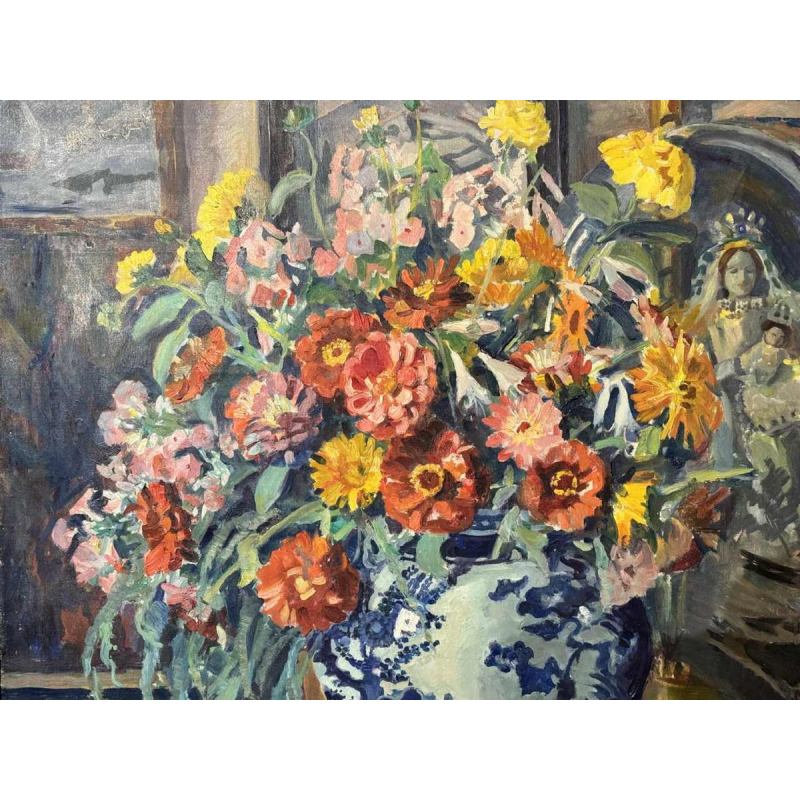 Mathilde du Monceau de Bergendael "Bouquet dans un vase en porcelaine de Chine", huile sur toile