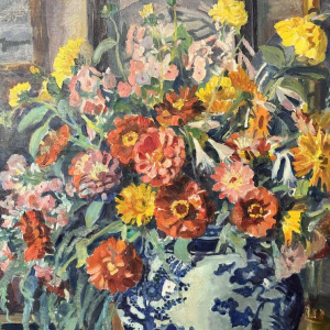 Mathilde du Monceau de Bergendael "Bouquet dans un vase en porcelaine de Chine", huile sur toile