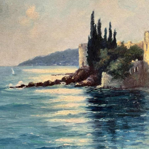 Georges BAFFERT "Paysage méditerranéen 1955 - château de Mandelieu la Napoule » huile sur panneau