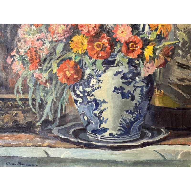 Mathilde du Monceau de Bergendael "Bouquet dans un vase en porcelaine de Chine", huile sur toile