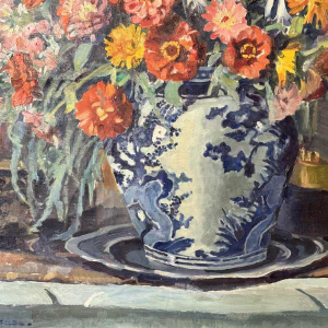 Mathilde du Monceau de Bergendael "Bouquet dans un vase en porcelaine de Chine", huile sur toile