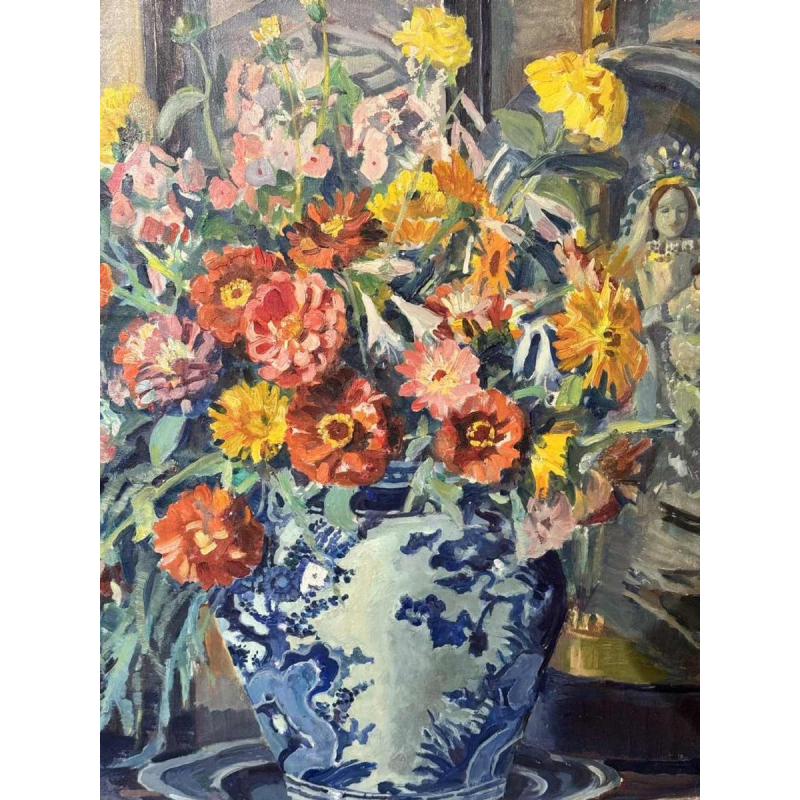 Mathilde du Monceau de Bergendael "Bouquet in a Chinese porcelain vase", oil on canvas