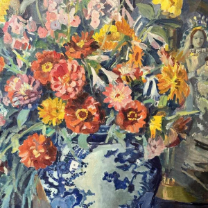 Mathilde du Monceau de Bergendael "Bouquet in a Chinese porcelain vase", oil on canvas