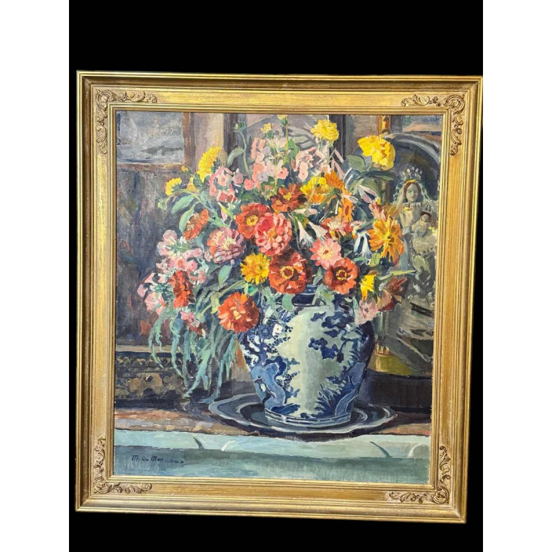 Mathilde du Monceau de Bergendael "Bouquet in a Chinese porcelain vase", oil on canvas