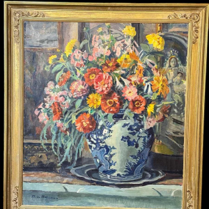 Mathilde du Monceau de Bergendael "Bouquet in a Chinese porcelain vase", oil on canvas