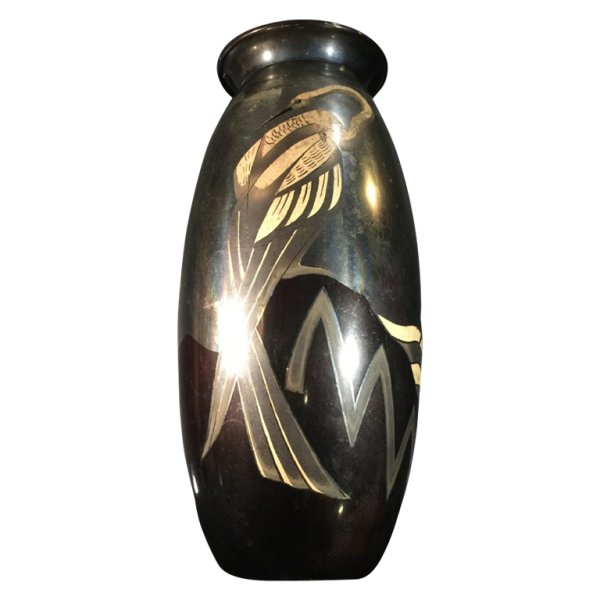 Lucien Gerfaux, Art Deco vase in copperware, animal décor with heron 1930