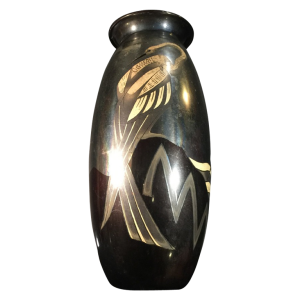 Lucien Gerfaux, Art Deco vaas in koperwerk, dierendecor met reiger 1930