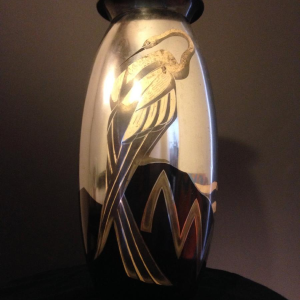 Lucien Gerfaux, Art Deco vase in copperware, animal décor with heron 1930