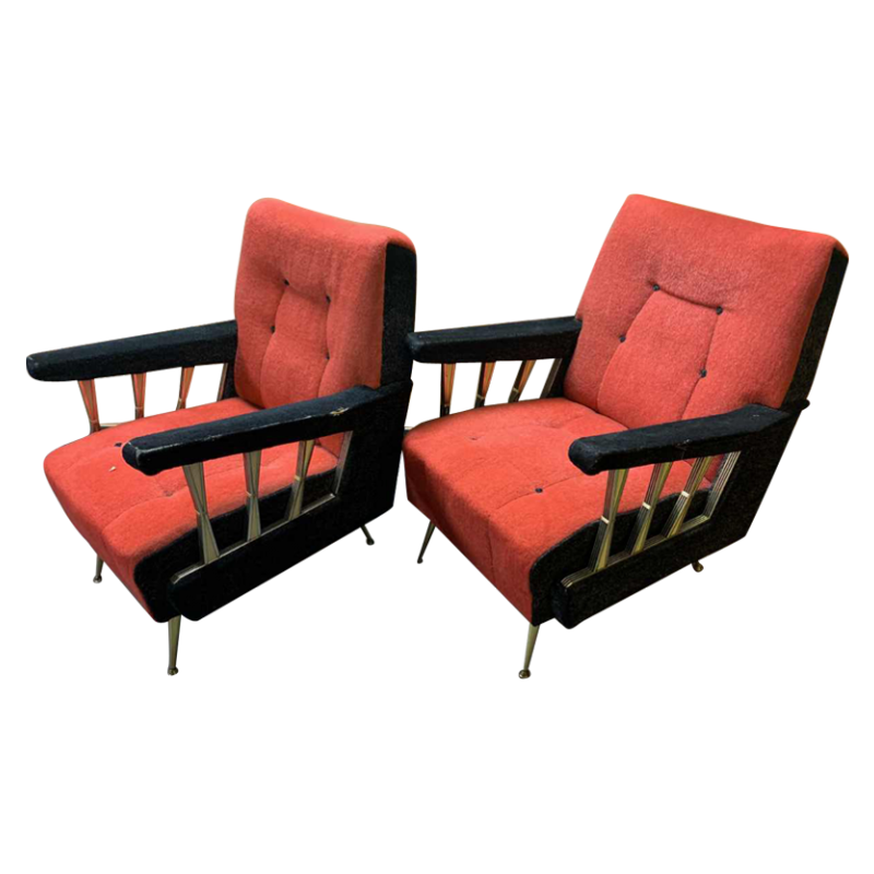 Paire de Fauteuils Clubs italiens Vintage, (usures accotoirs velour) , 1950s