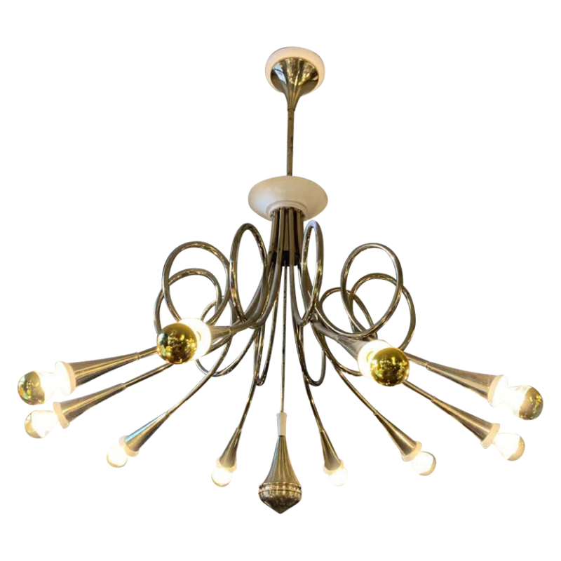 STILNOVO, Lustre " cors de Chasse ", laiton doré & métal laqué blanc, 1950s