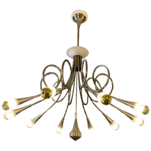 STILNOVO, Lustre " cors de Chasse ", laiton doré & métal laqué blanc, 1950s