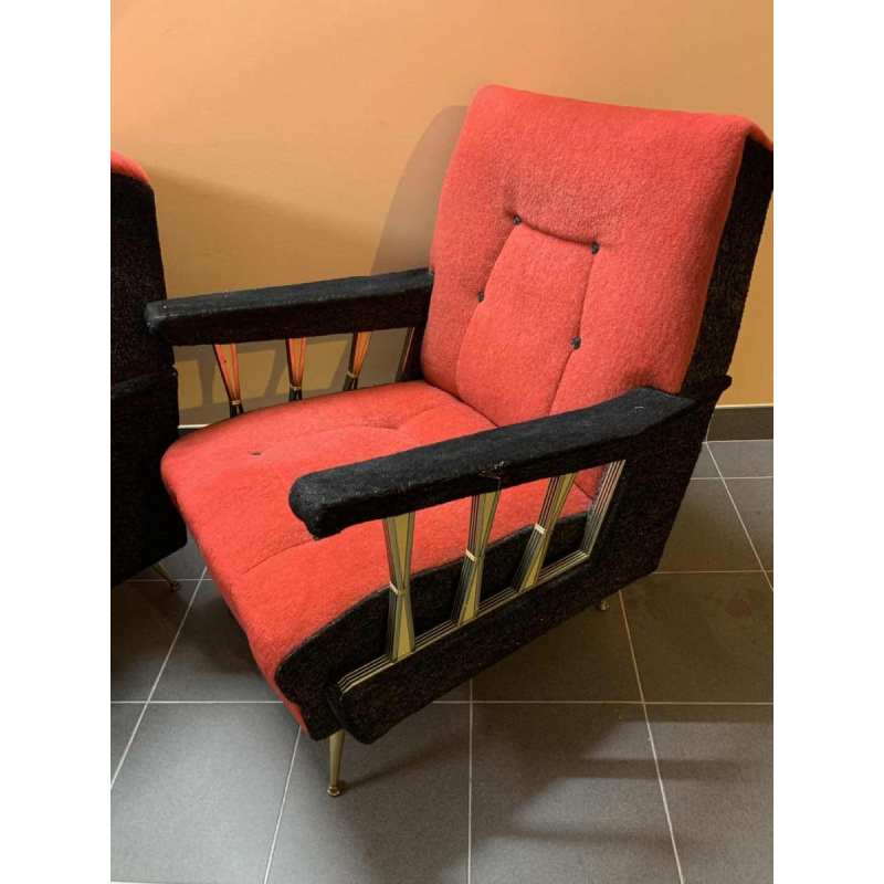 Pair of Vintage Italian Club Armchairs, (wear on velor armrests), 1950s