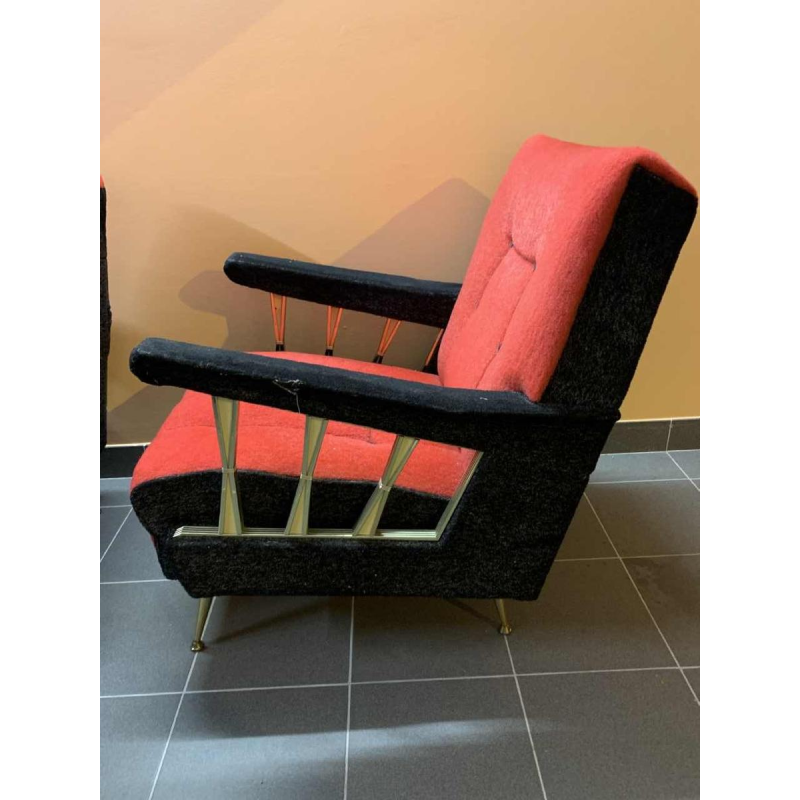 Pair of Vintage Italian Club Armchairs, (wear on velor armrests), 1950s