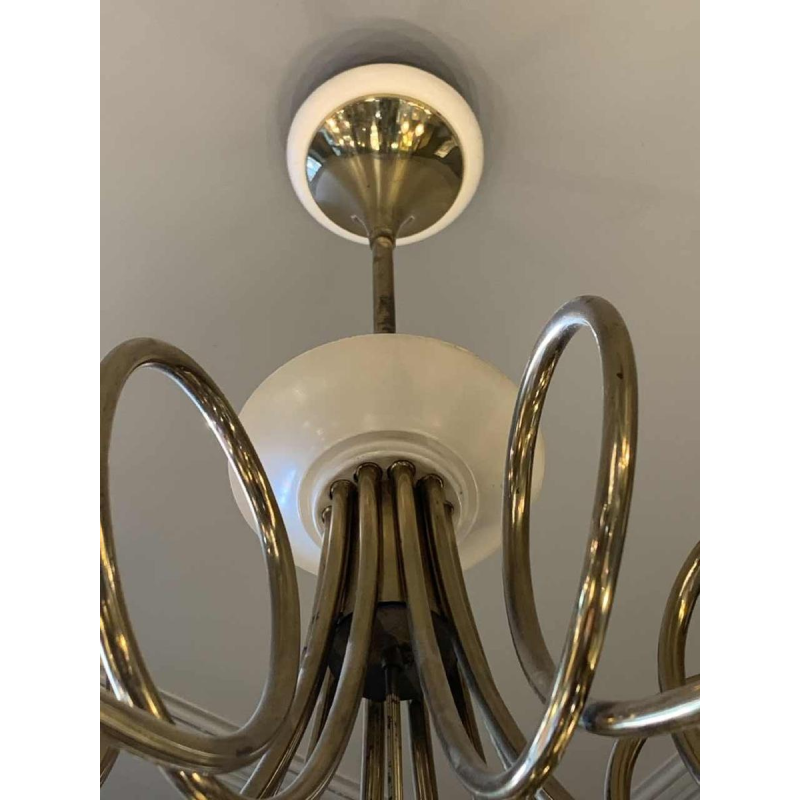 STILNOVO "Hunting Trumpets" Chandelier gilded brass & white lacquered metal 1950