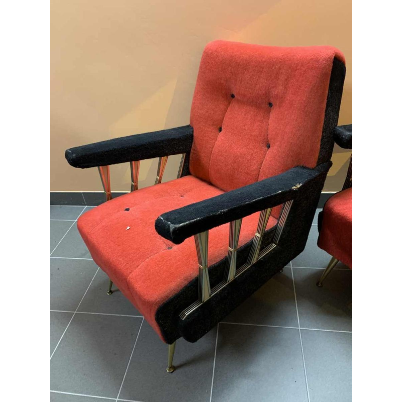 Pair of Vintage Italian Club Armchairs, (wear on velor armrests), 1950s