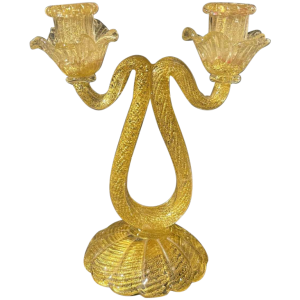 ERCOLE BAROVIER & TOSO Murano, Candelabra Candlestick, Golden Glitter Glass,1950