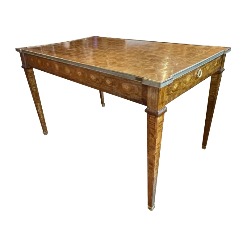 Table / Bureau Louis XVI Directoire marquetée, ceinture laiton 2 tiroirs, 19e`me