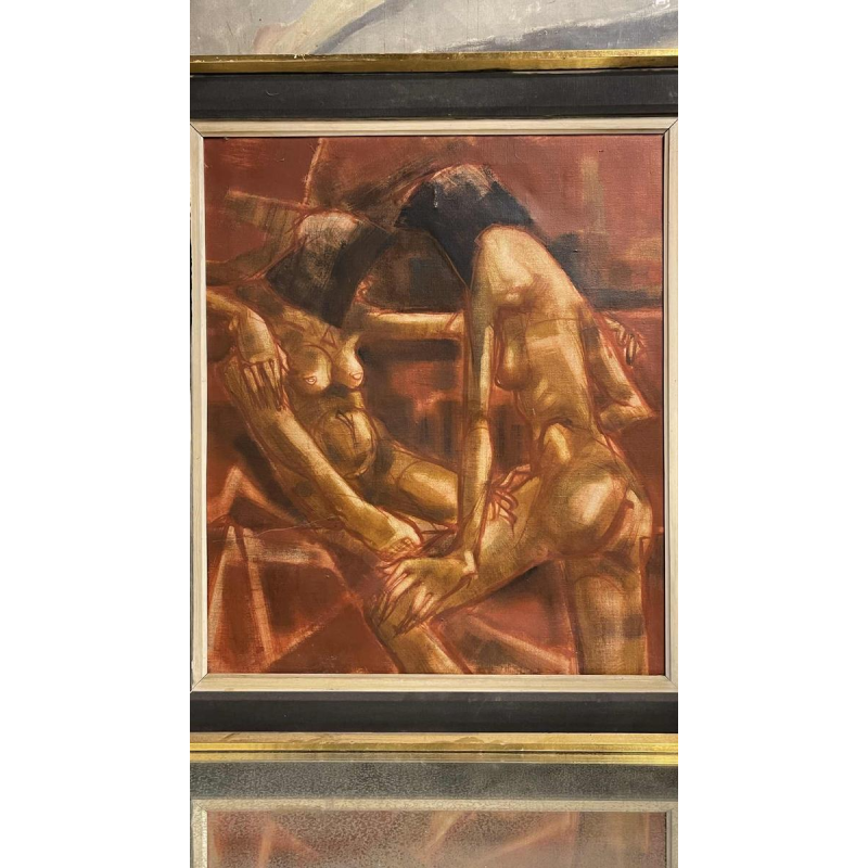 Francis Verlinden, painting 'Naked Women', cabaret scene, oil on canvas, 1970