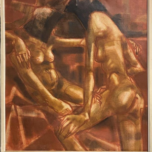 Francis Verlinden, tableau " femmes nues ", scène cabaret, huile sur toile, 1970
